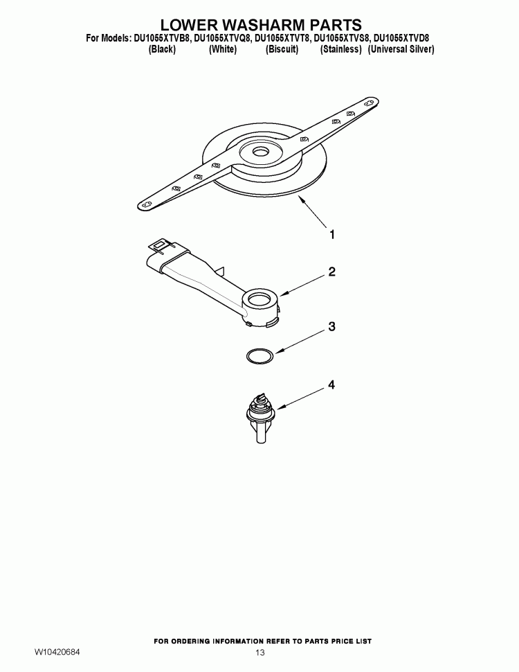 LOWER WASHARM PARTS Diagram and Parts List for  Whirlpool Dishwasher