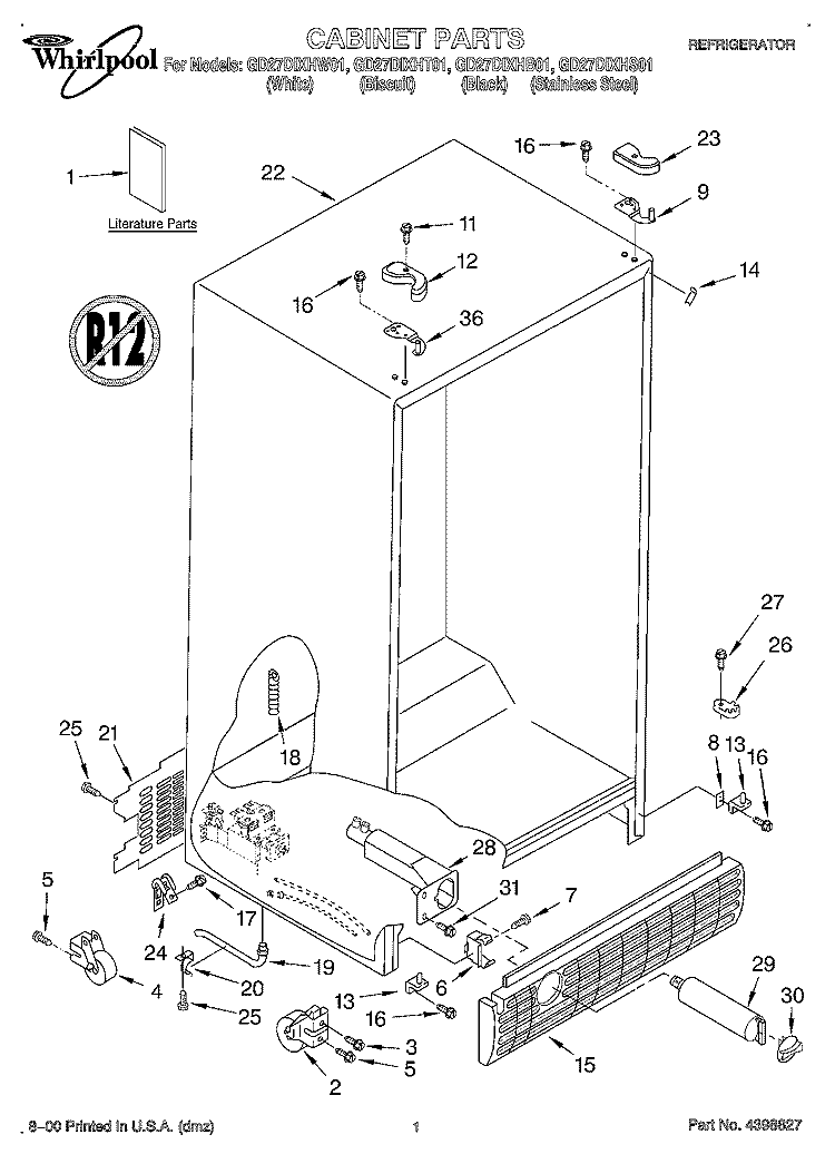 CABINET, LITERATURE Diagram and Parts List for GD27DIXHT01  Whirlpool Refrigerator