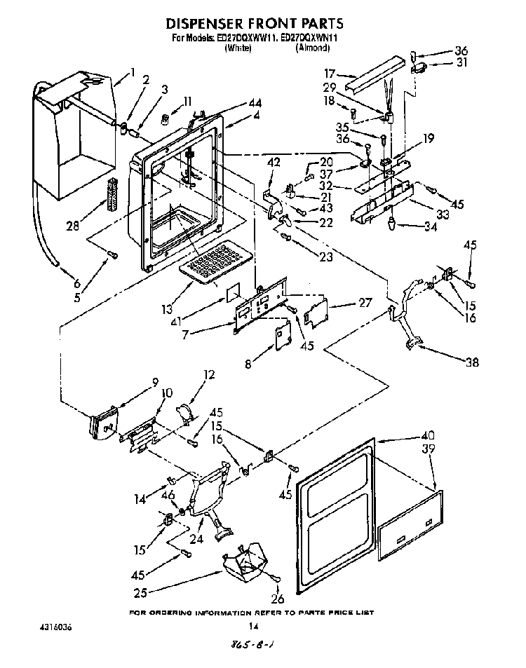 Dispenser Front Diagram and Parts List for ED27DQZWN11  Whirlpool Refrigerator