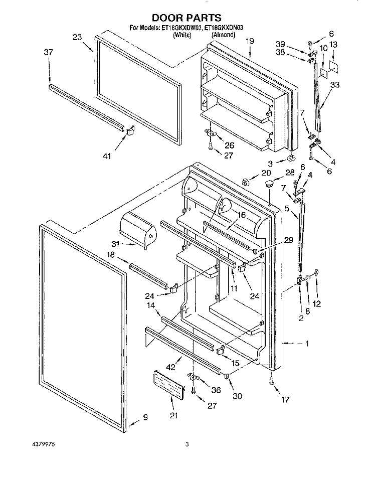 DOOR Diagram and Parts List for ET18GKXDW03  Whirlpool Refrigerator