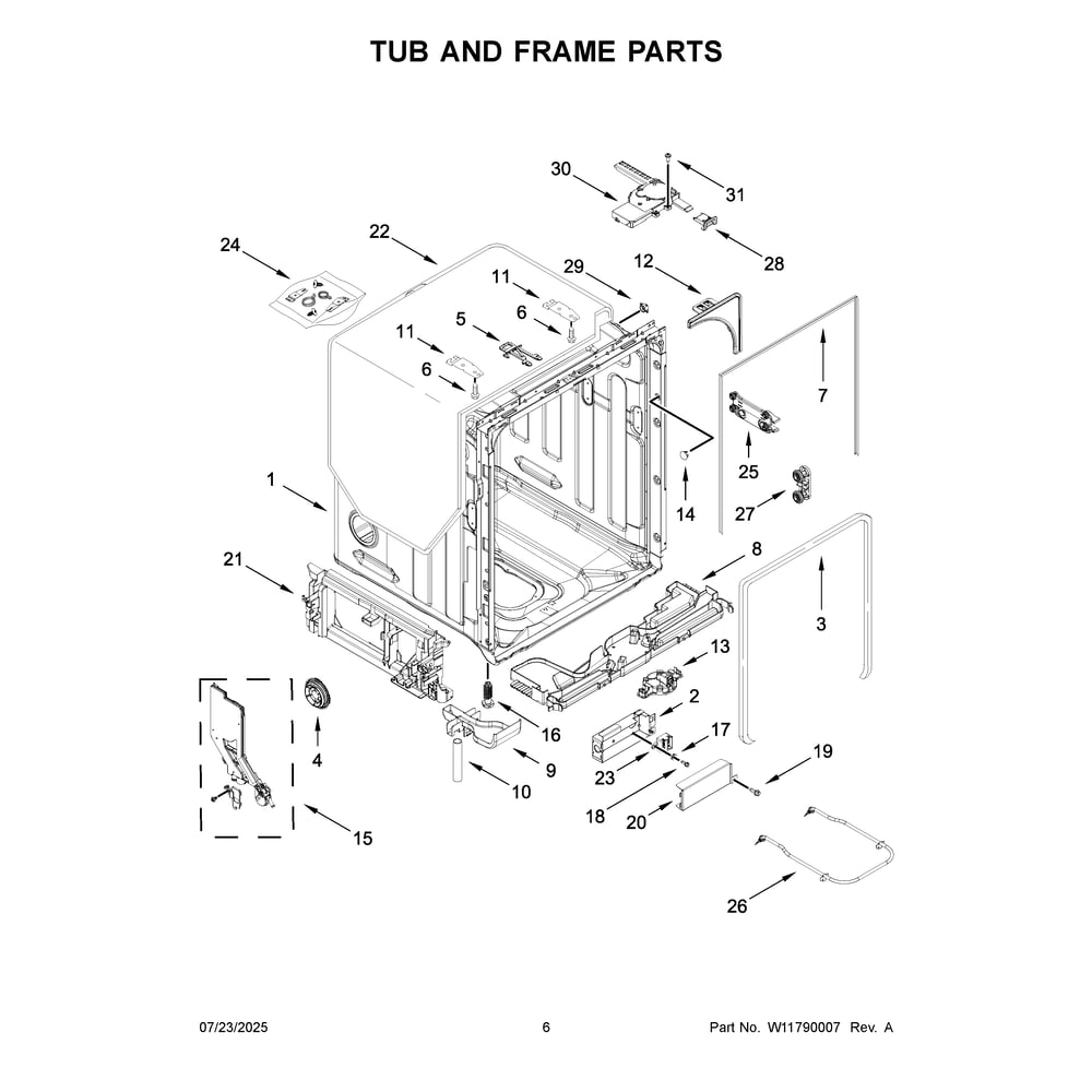 Tub And Frame Parts Diagram and Parts List for  KitchenAid Dishwasher