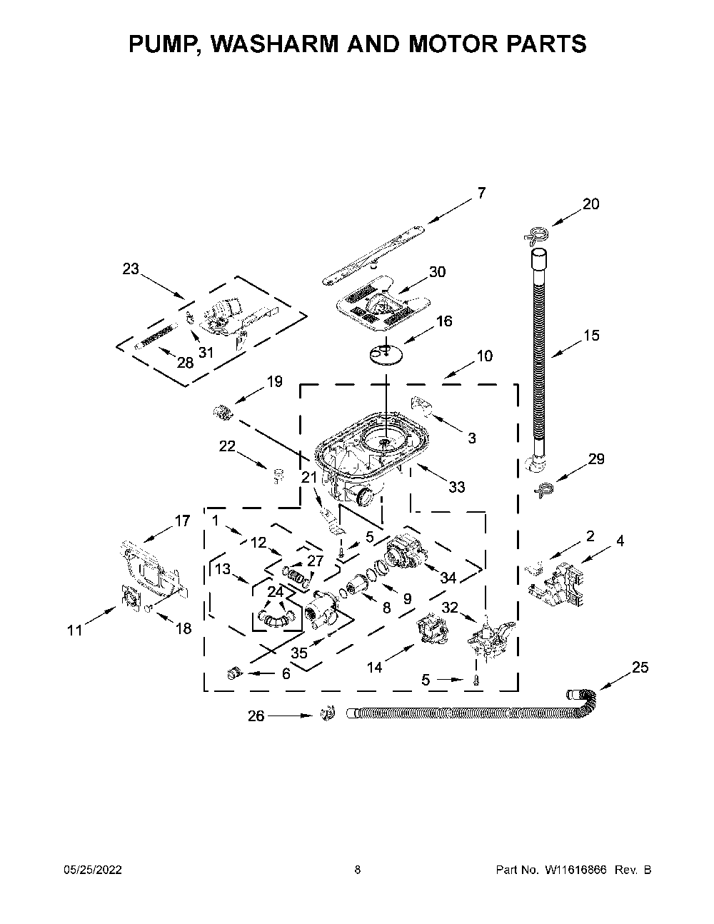 Pump, Washarm And Motor Parts Diagram and Parts List for  KitchenAid Dishwasher