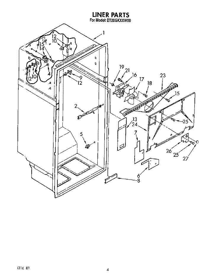 LINER Diagram and Parts List for ET20GKXXW00  Whirlpool Refrigerator