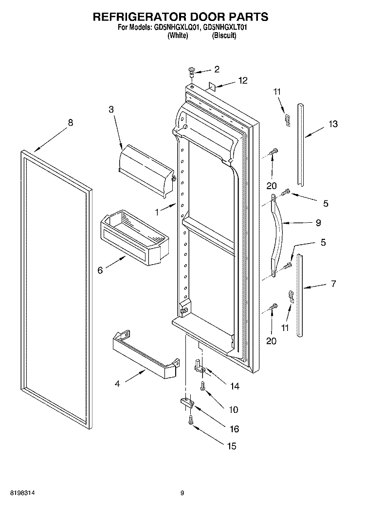 REFRIGERATOR DOOR Diagram and Parts List for GD5NHGXLT01  Whirlpool Refrigerator