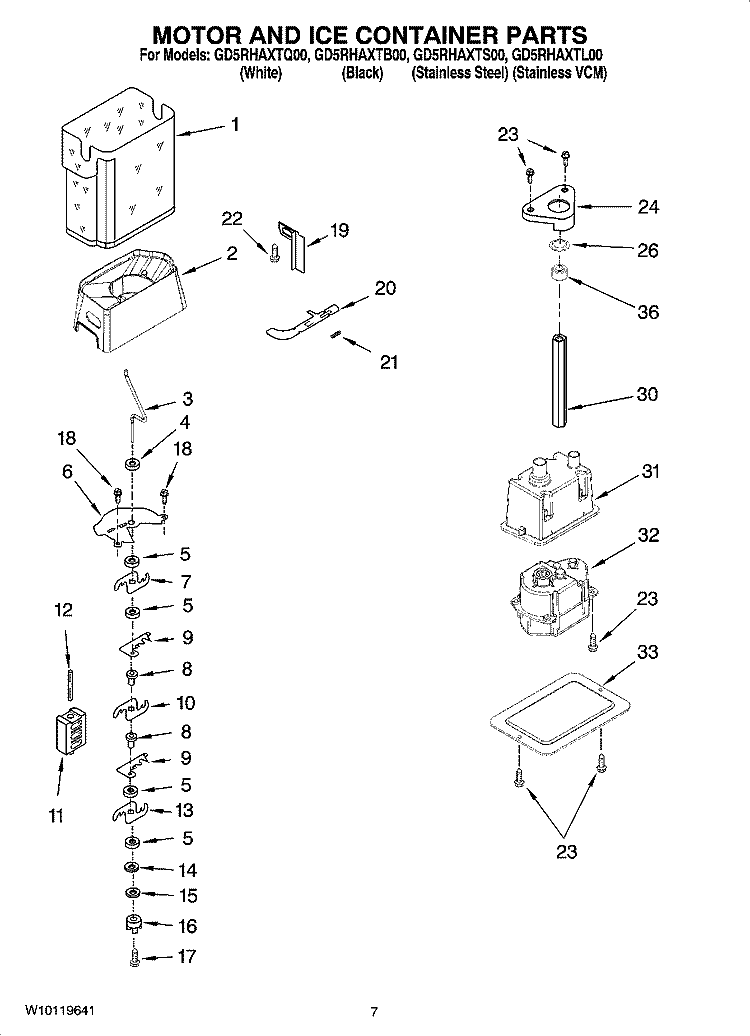 MOTOR AND ICE CONTAINER PARTS Diagram and Parts List for GD5RHAXTQ00  Whirlpool Refrigerator