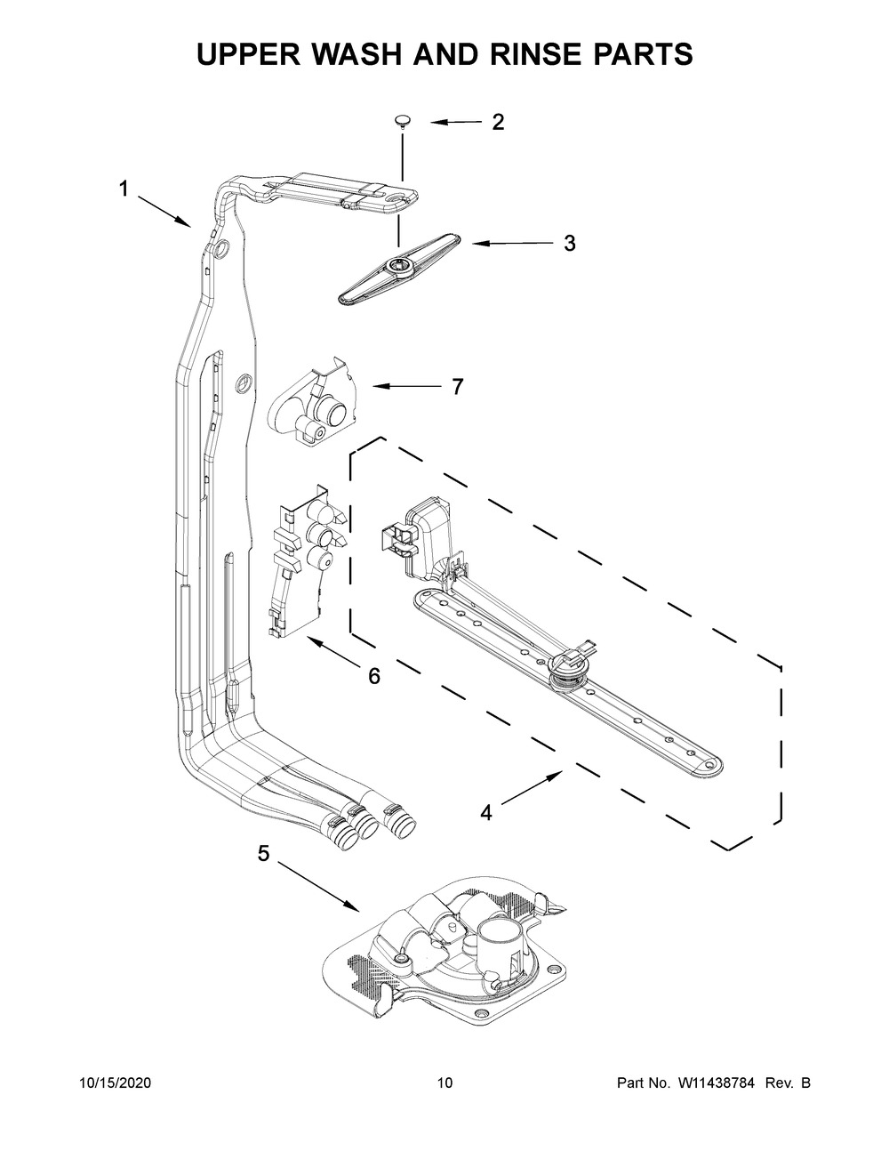 Upper Wash And Rinse Parts Diagram and Parts List for  Whirlpool Dishwasher