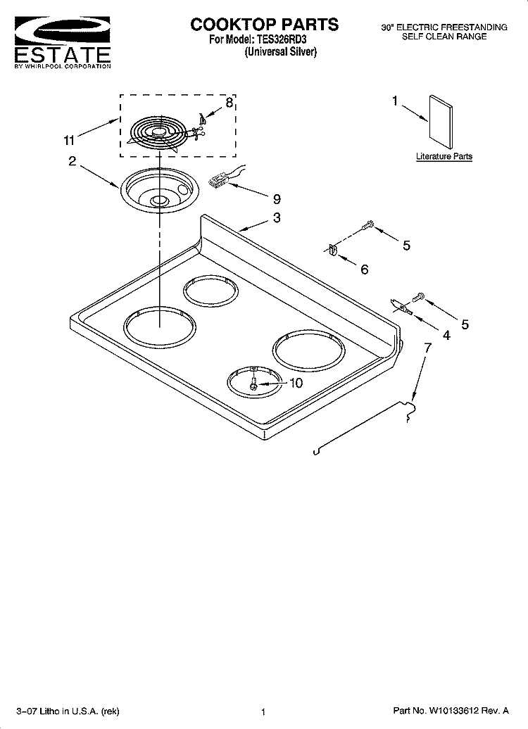COOKTOP PARTS Diagram and Parts List for TES326RD3  Estate Range