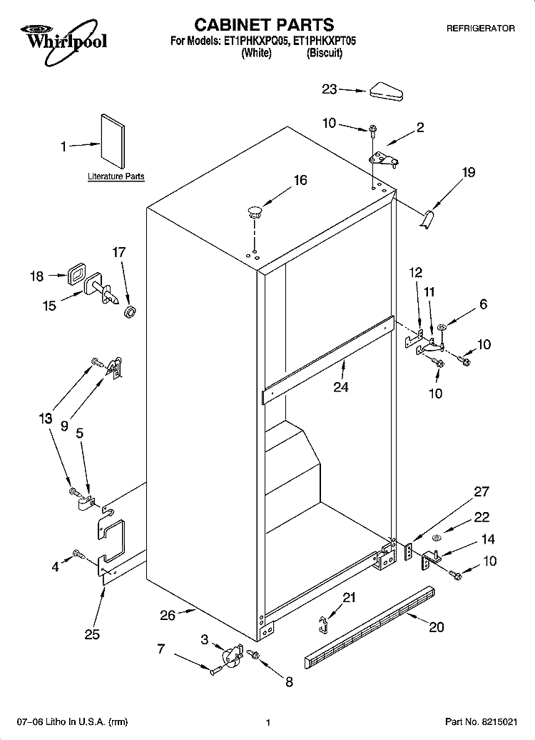CABINET PARTS Diagram and Parts List for ET1PHKXPT05  Whirlpool Refrigerator