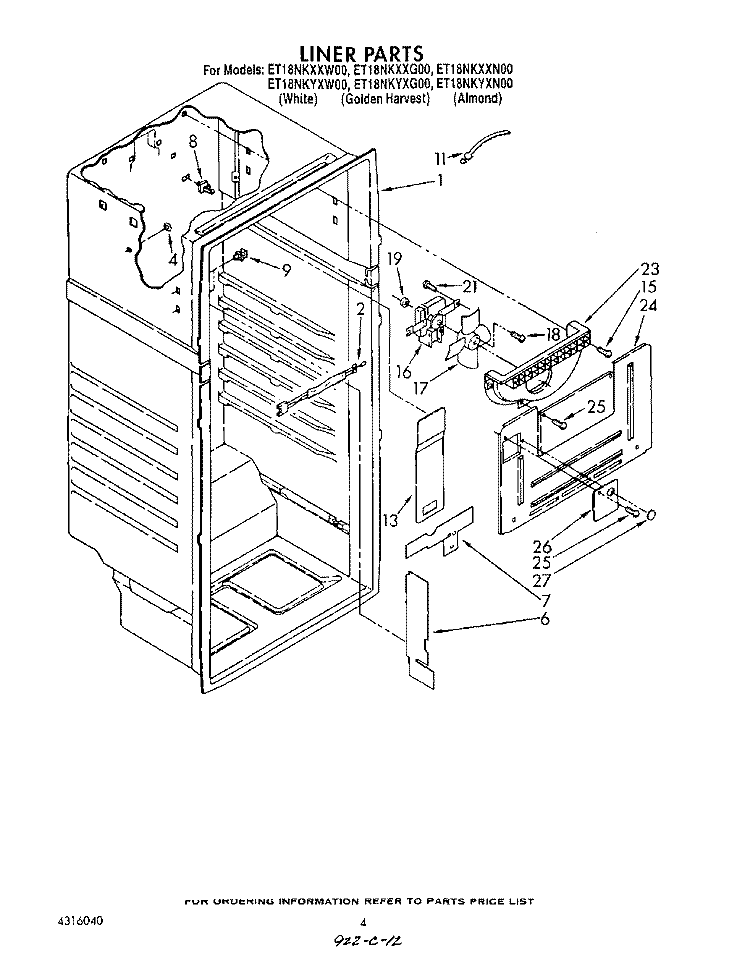 LINER Diagram and Parts List for ET18NKXXN00  Whirlpool Refrigerator