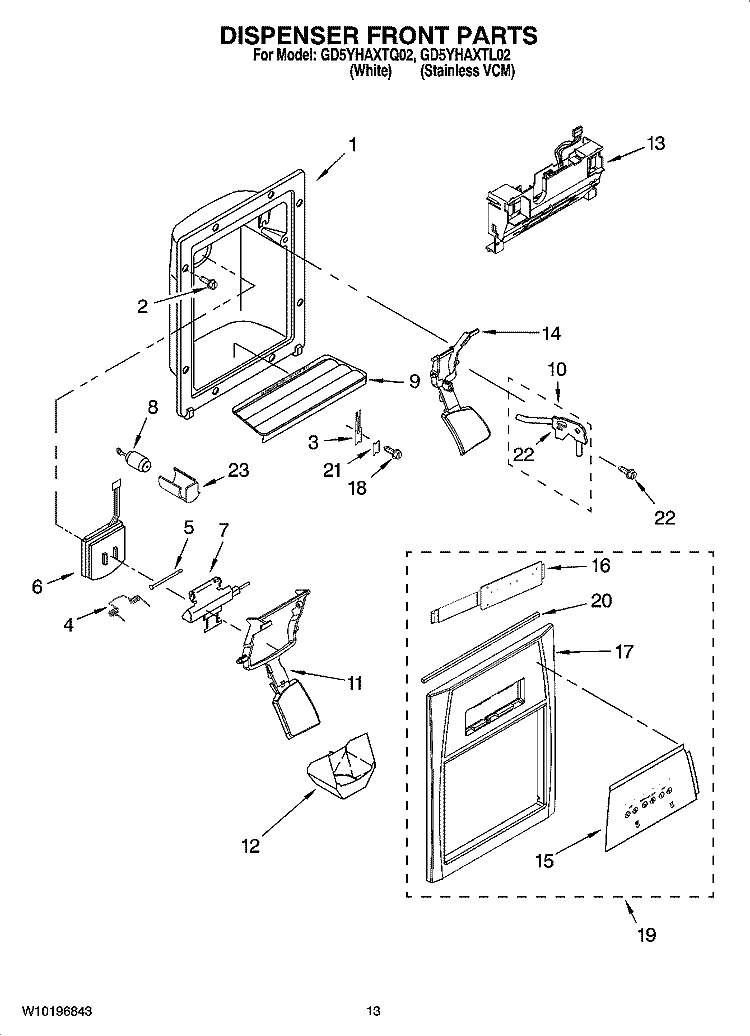 DISPENSER FRONT PARTS Diagram and Parts List for GD5YHAXTL02  Whirlpool Refrigerator