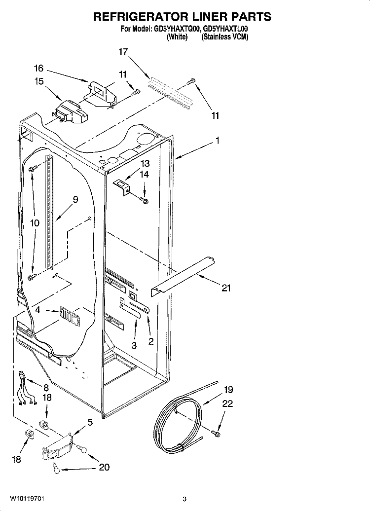 REFRIGERATOR LINER PARTS Diagram and Parts List for GD5YHAXTL00  Whirlpool Refrigerator