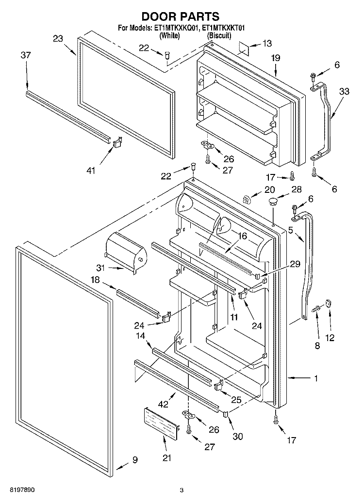 DOOR Diagram and Parts List for ET1MTKXKQ01  Whirlpool Refrigerator