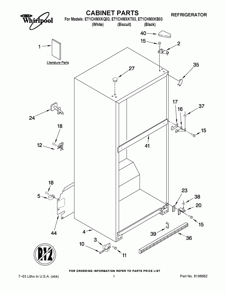 CABINET PARTS Diagram and Parts List for ET1CHMXKT03  Whirlpool Refrigerator