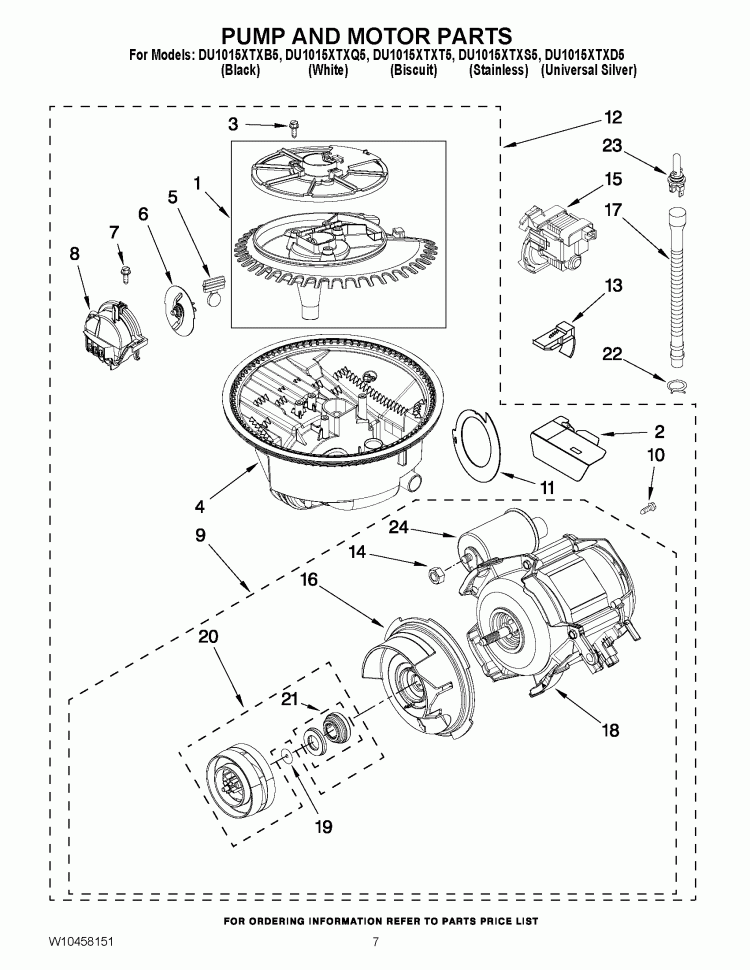 PUMP AND MOTOR PARTS Diagram and Parts List for  Whirlpool Dishwasher