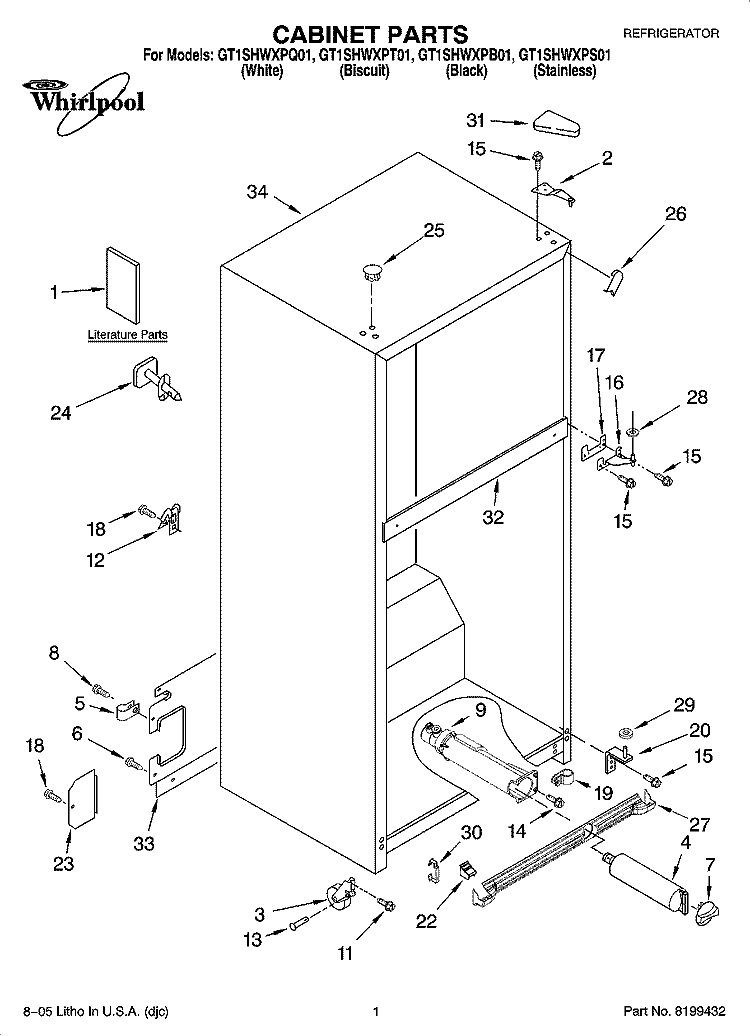 CABINET PARTS Diagram and Parts List for GT1SHWXPT01  Whirlpool Refrigerator