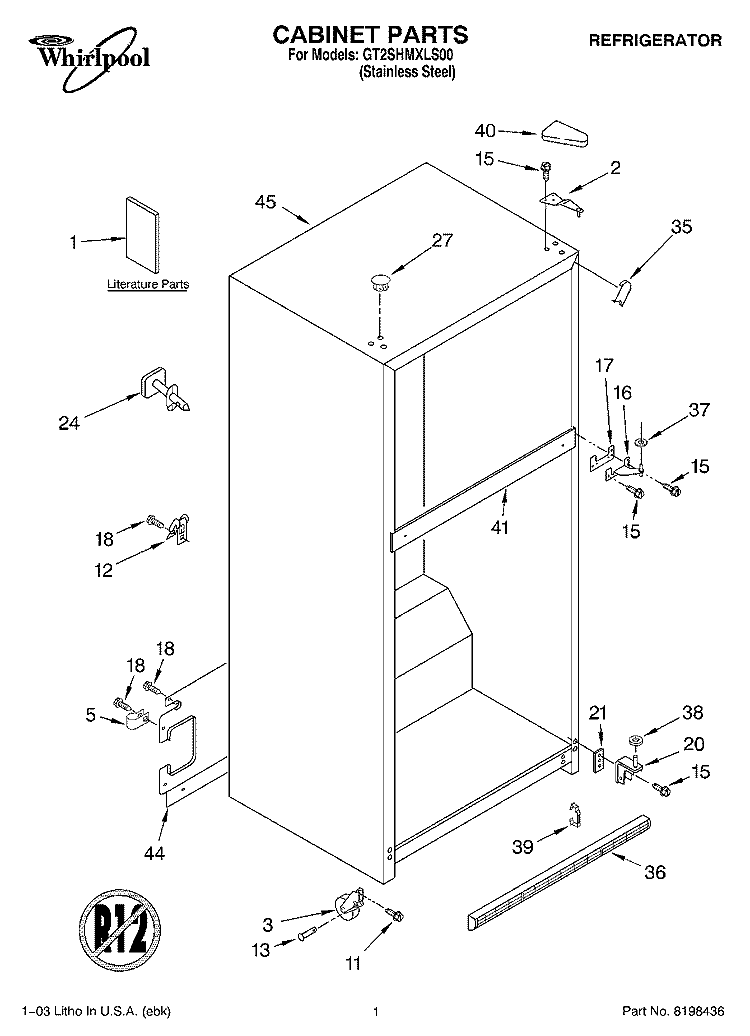 CABINET PARTS Diagram and Parts List for GT2SHMXLS00  Whirlpool Refrigerator