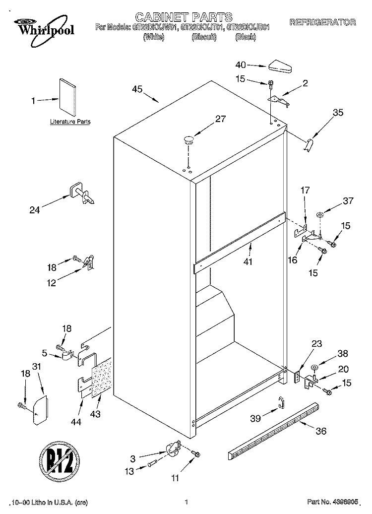 CABINET, LITERATURE Diagram and Parts List for GT22DKXJW01  Whirlpool Refrigerator