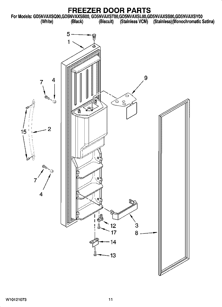 FREEZER DOOR PARTS Diagram and Parts List for GD5NVAXSL00  Whirlpool Refrigerator