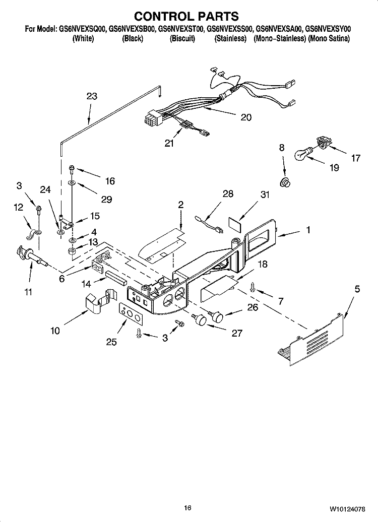 CONTROL PARTS Diagram and Parts List for GS6NVEXSB00  Whirlpool Refrigerator