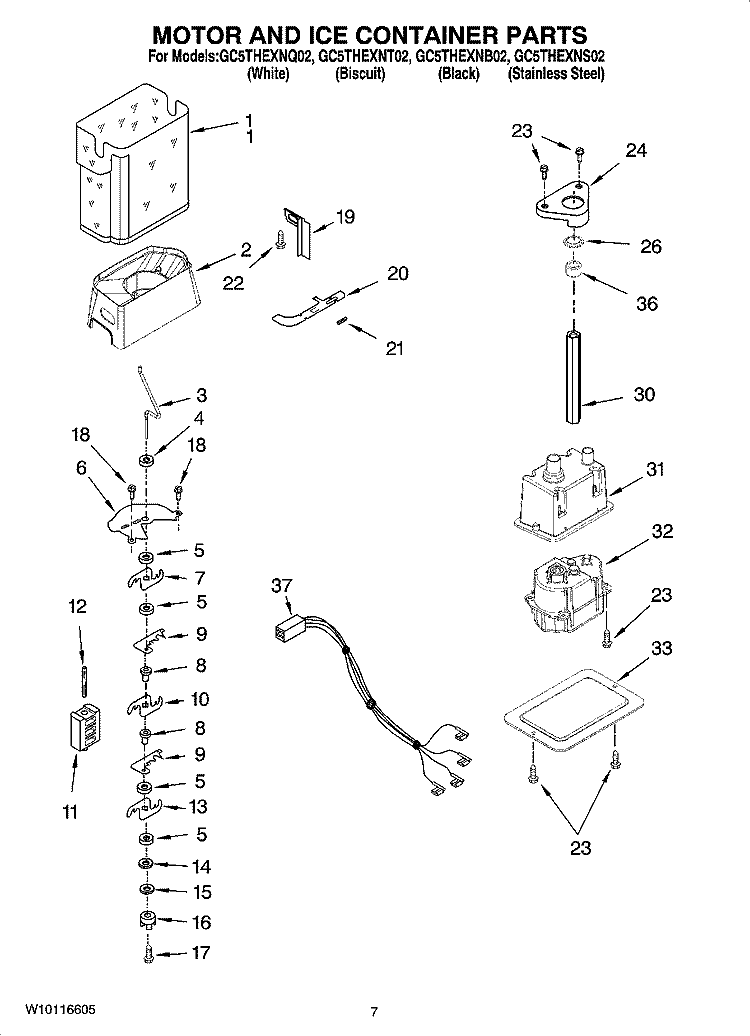 MOTOR AND ICE CONTAINER PARTS Diagram and Parts List for GC5THEXNS02  Whirlpool Refrigerator