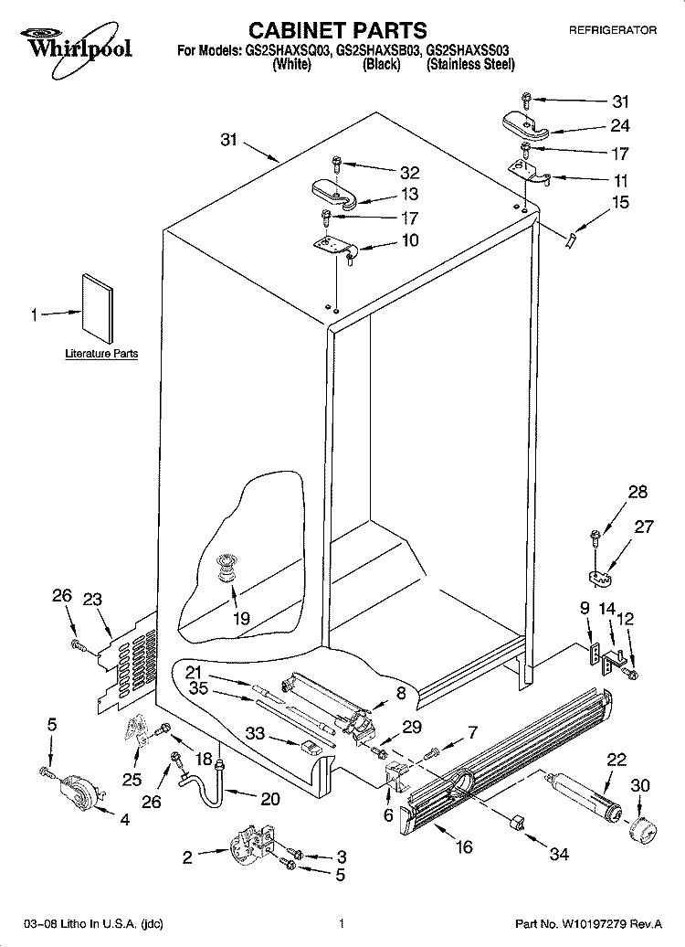 CABINET PARTS Diagram and Parts List for GS2SHAXSB03  Whirlpool Refrigerator