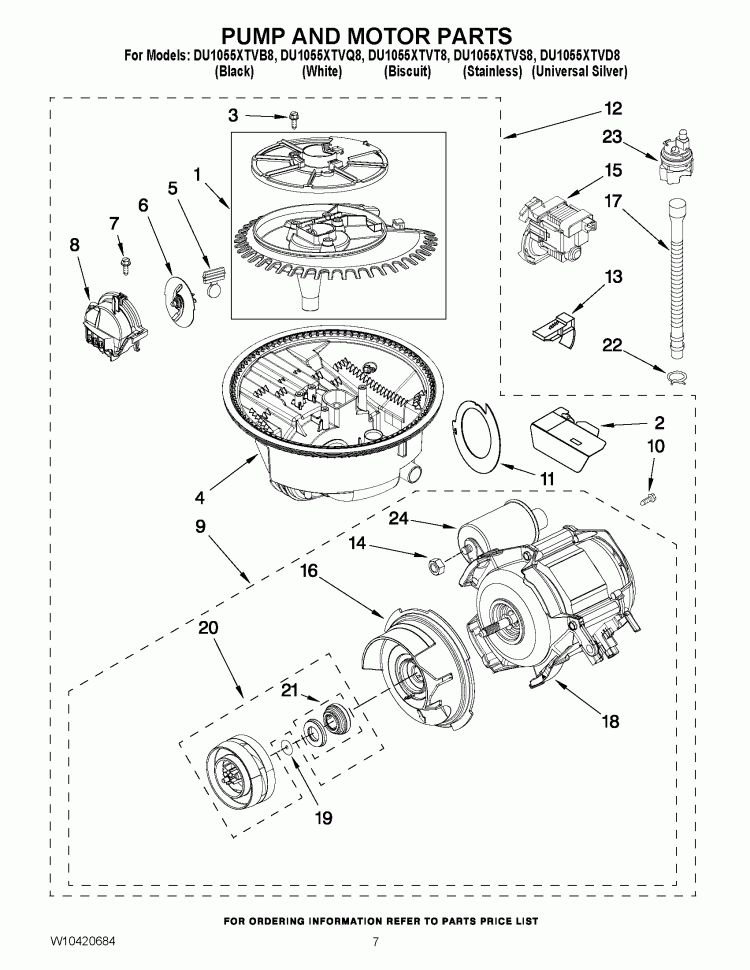 PUMP AND MOTOR PARTS Diagram and Parts List for  Whirlpool Dishwasher