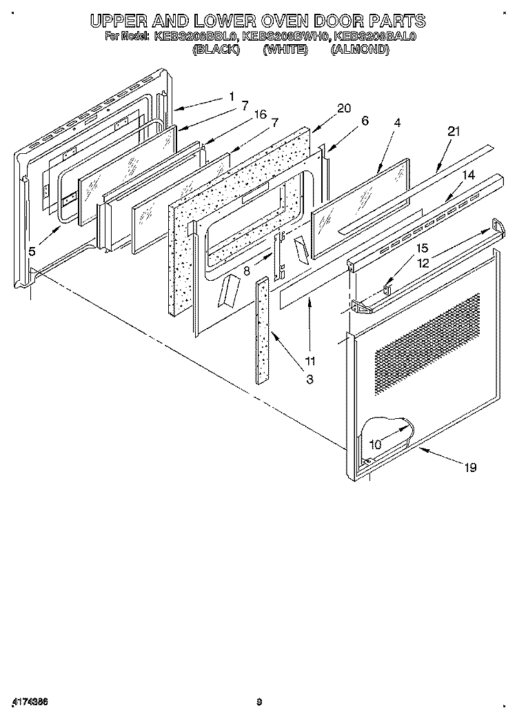 UPPER AND LOWER OVEN DOOR Diagram and Parts List for KEBS208BWH0  KitchenAid Wall Oven