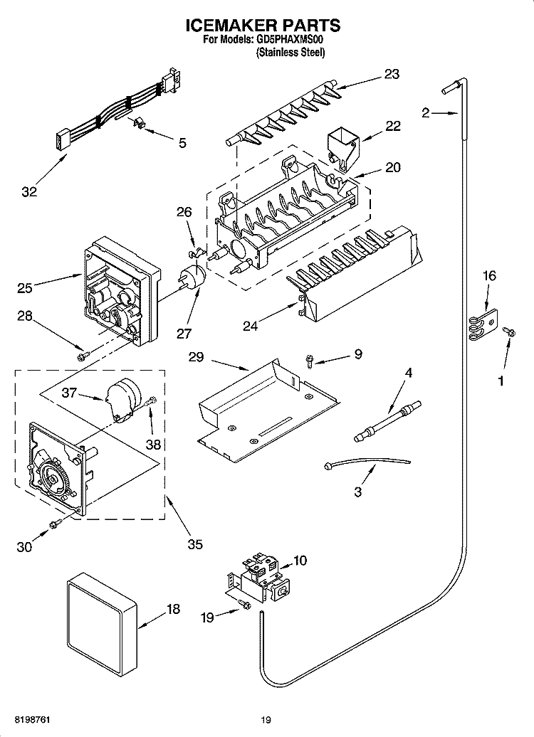 ICEMAKER PARTS Diagram and Parts List for GD5PHAXMS00  Whirlpool Refrigerator