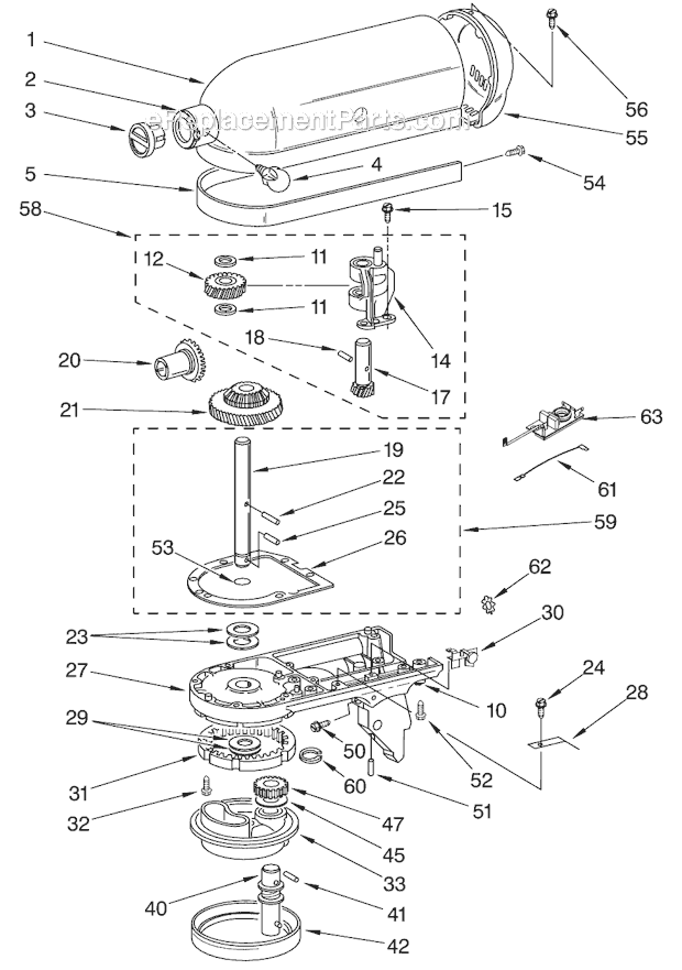 CASE, GEARING, AND PLANETARY UNIT Diagram and Parts List for  KitchenAid Mixer