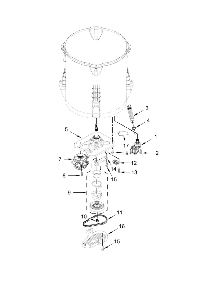 Gearcase, Motor And Pump Parts Diagram and Parts List for  Whirlpool Washer