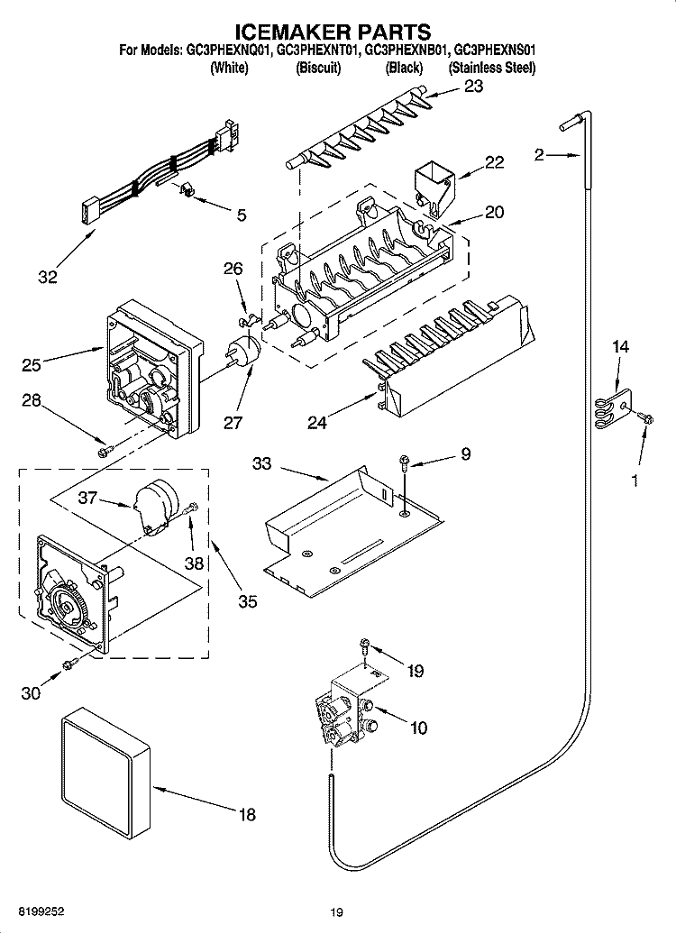 ICEMAKER PARTS, OPTIONAL PARTS Diagram and Parts List for GC3PHEXNB01  Whirlpool Refrigerator