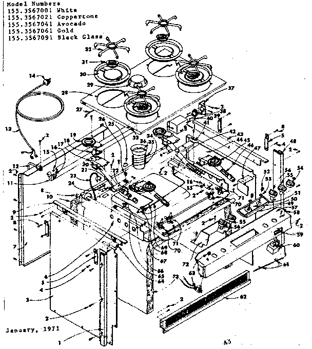 Top Section And Outer Body Diagram and Parts List for 1553567041  Kenmore Range