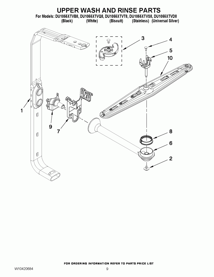 UPPER WASH AND RINSE PARTS Diagram and Parts List for  Whirlpool Dishwasher