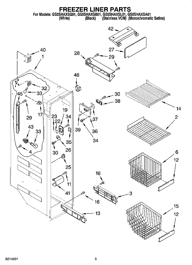 FREEZER LINER PARTS Diagram and Parts List for GS5SHAXSB01  Whirlpool Refrigerator