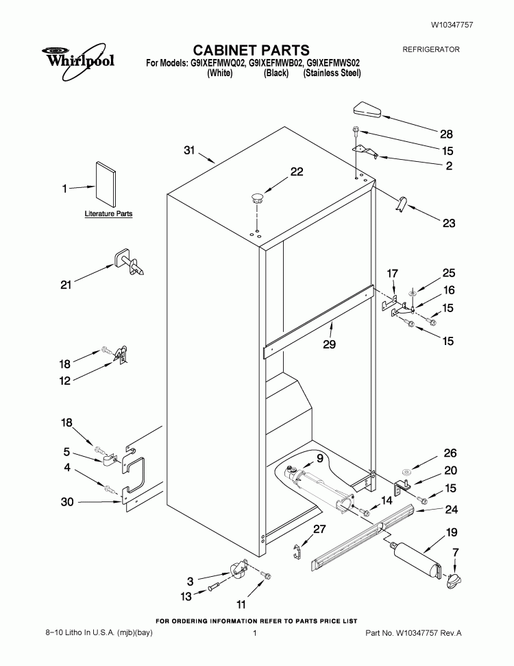 CABINET PARTS Diagram and Parts List for G9IXEFMWB02  Whirlpool Refrigerator