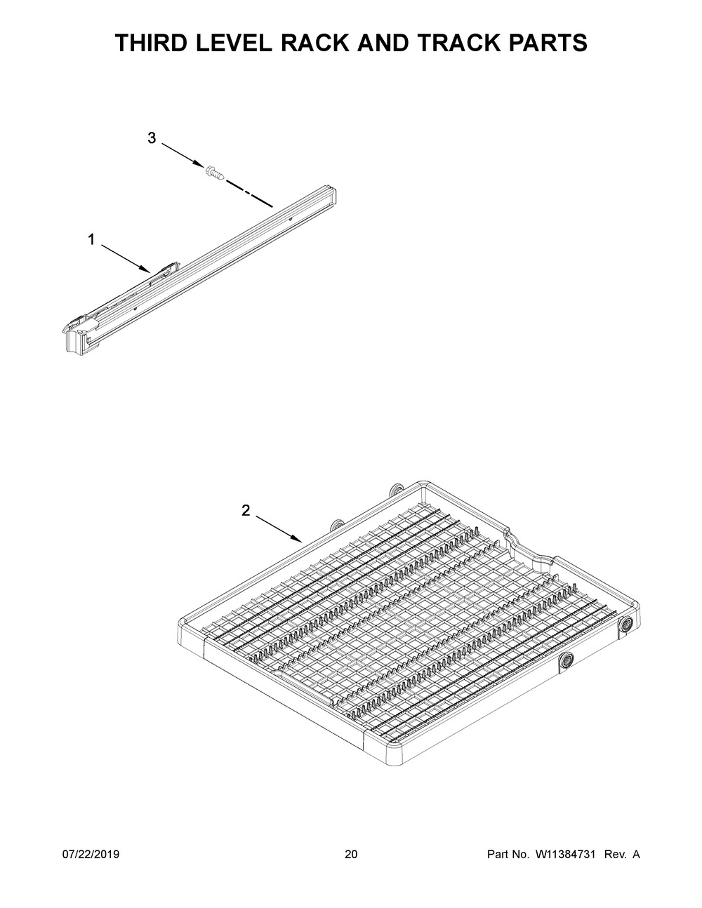 Third Level Rack And Track Parts Diagram and Parts List for  Whirlpool Dishwasher