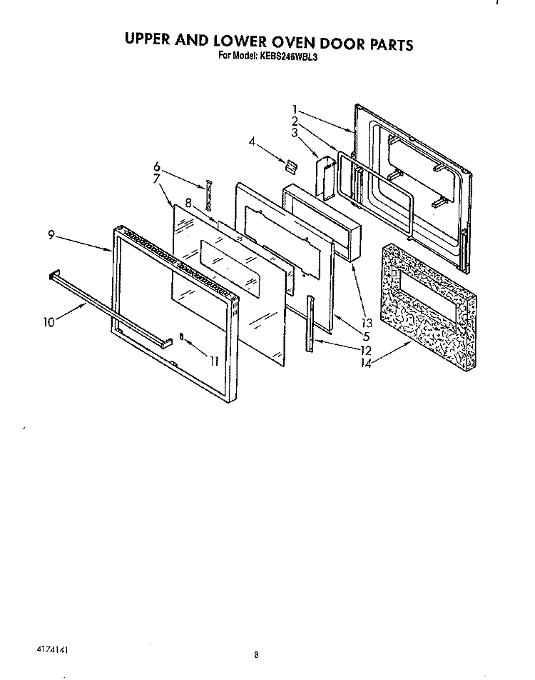UPPER AND LOWER OVEN DOOR Diagram and Parts List for KEBS246WBL3  KitchenAid Wall Oven