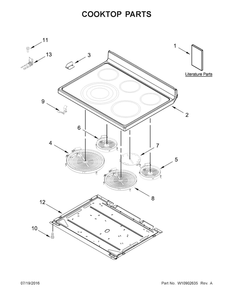 Cooktop Parts Diagram and Parts List for  Whirlpool Range