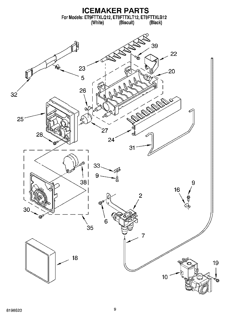 ICEMAKER PARTS Diagram and Parts List for ET9FTTXLQ12  Whirlpool Refrigerator
