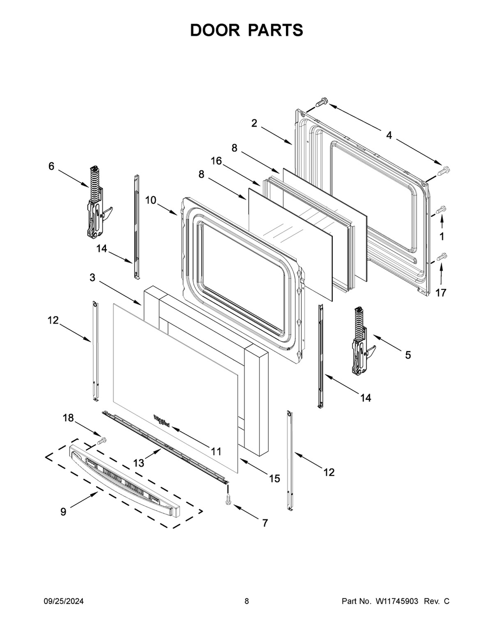 05 - Door Parts Diagram and Parts List for  Whirlpool Wall Oven