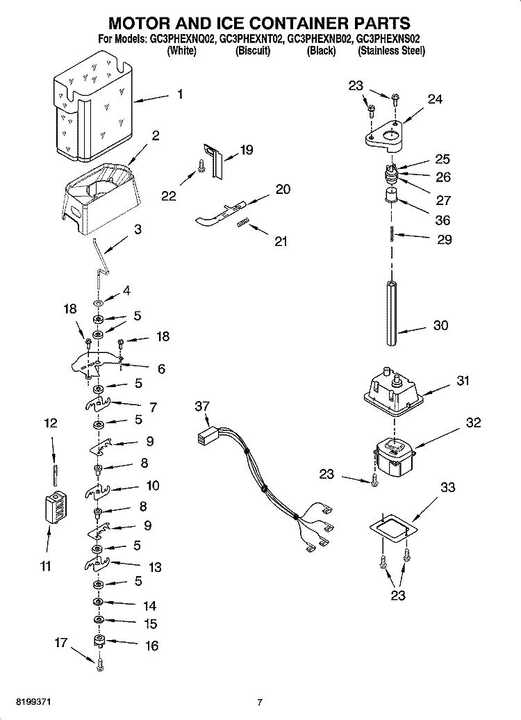 MOTOR AND ICE CONTAINER PARTS Diagram and Parts List for GC3PHEXNB02  Whirlpool Refrigerator