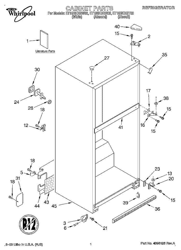 CABINET, LITERATURE Diagram and Parts List for ET19RKXGN02  Whirlpool Refrigerator