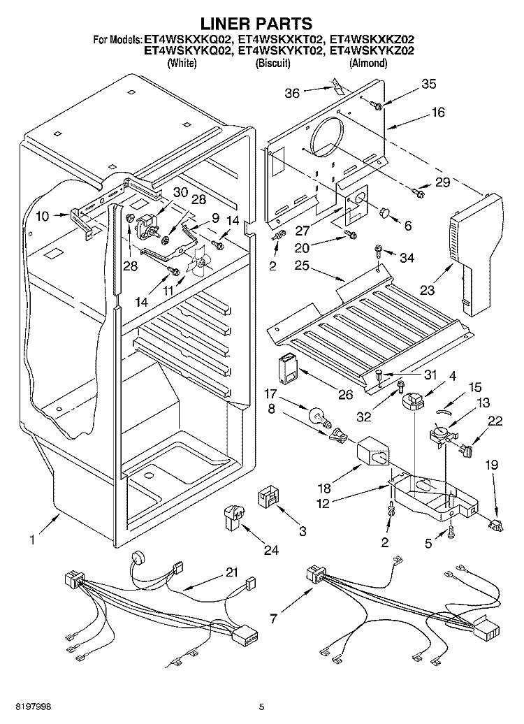 LINER Diagram and Parts List for ET4WSKYKQ02  Whirlpool Refrigerator