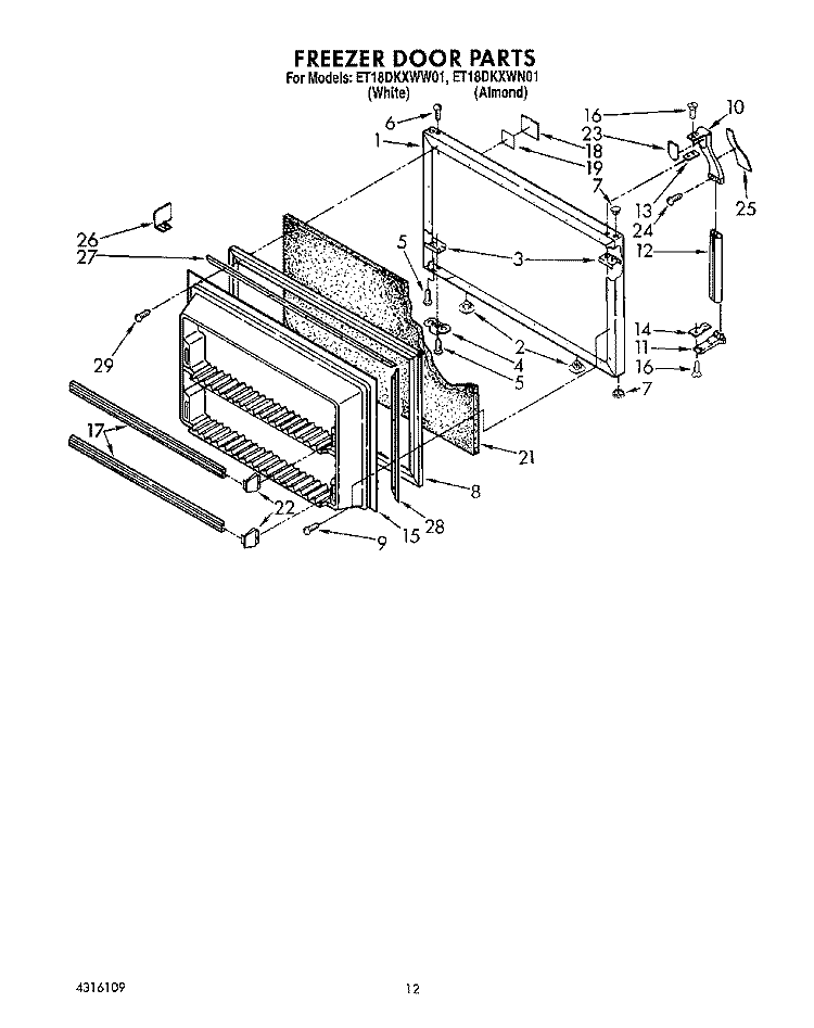 FREEZER DOOR Diagram and Parts List for ET18DKXWW01  Whirlpool Refrigerator