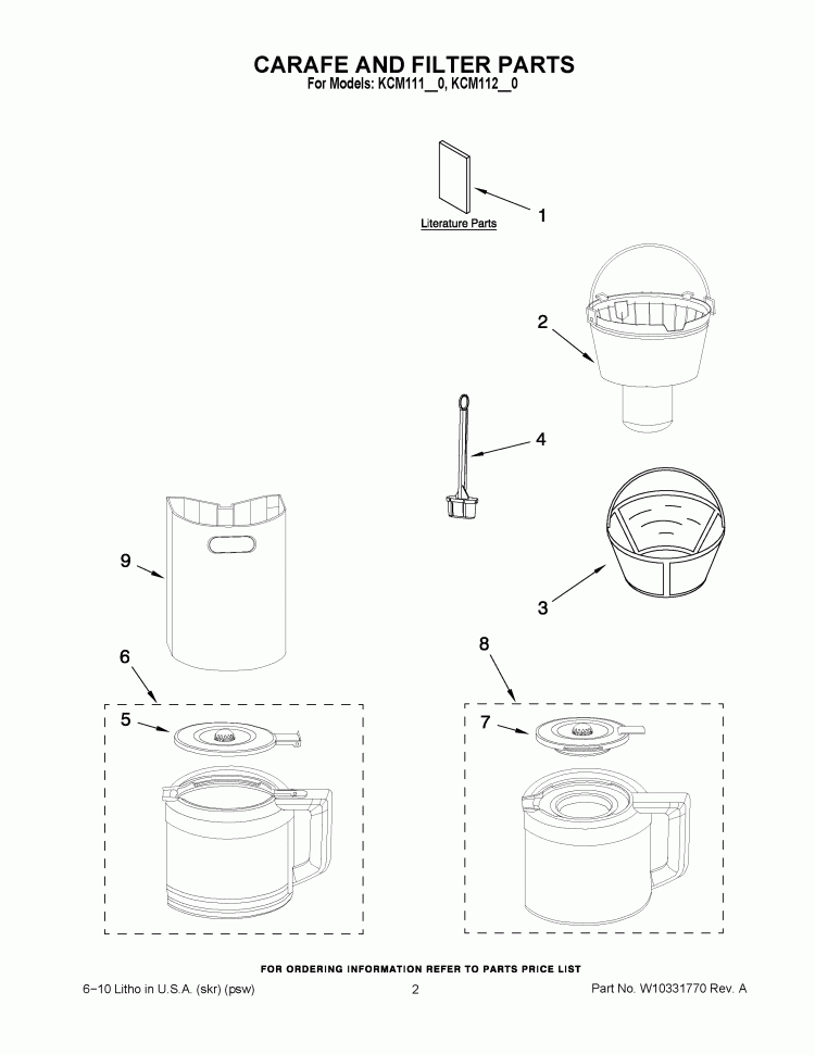 CARAFE AND FILTER PARTS Diagram and Parts List for  KitchenAid Coffee Maker
