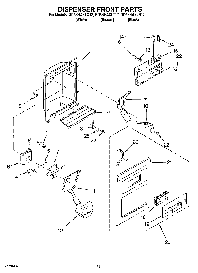 DISPENSER FRONT PARTS Diagram and Parts List for GD5SHAXLT12  Whirlpool Refrigerator