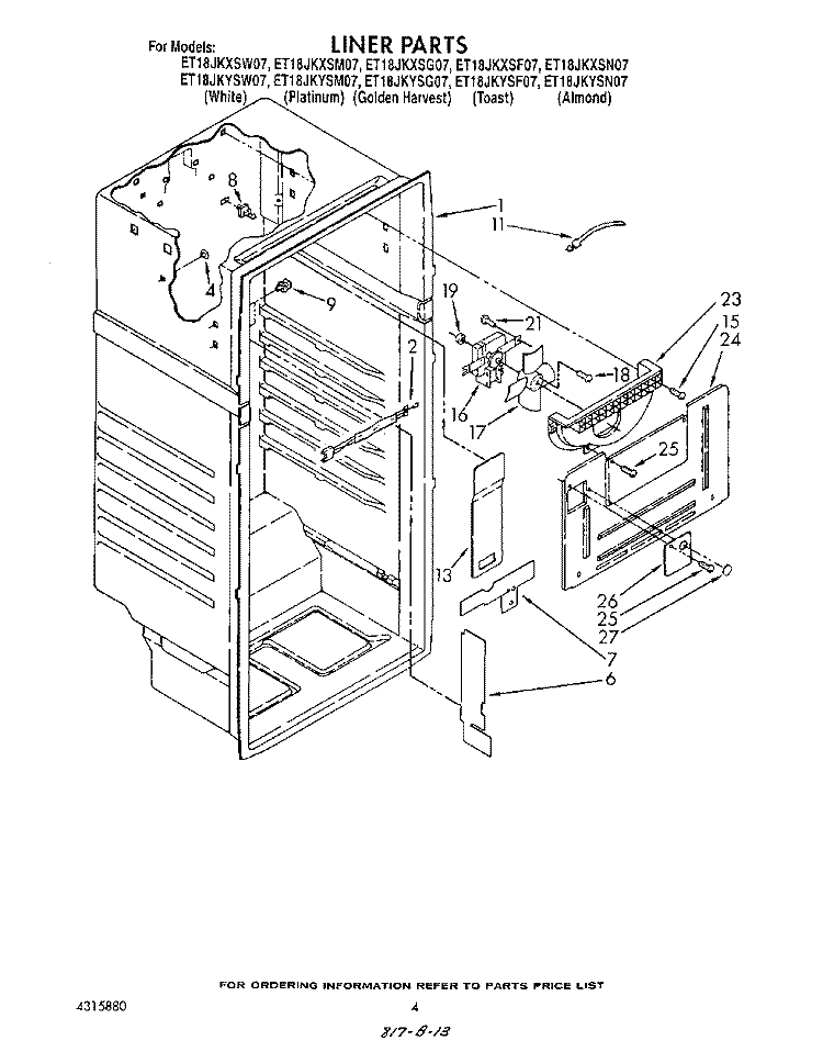 LINER Diagram and Parts List for ET18JKYSF07  Whirlpool Refrigerator