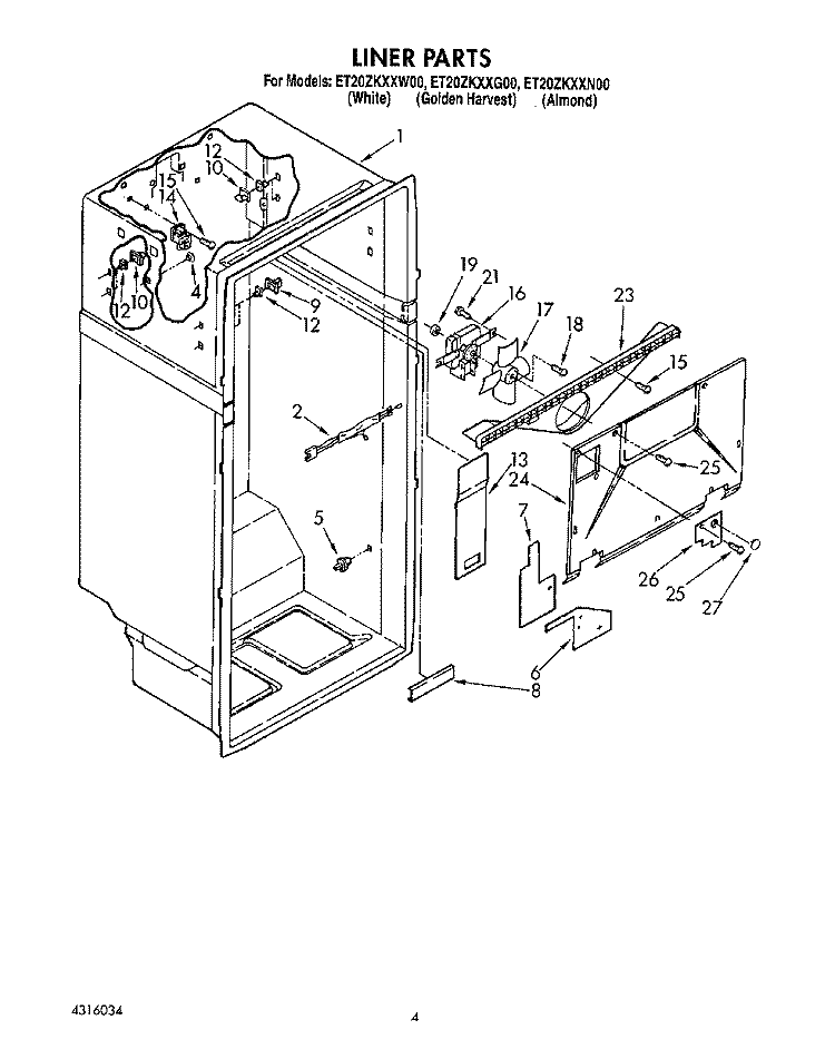 LINER Diagram and Parts List for ET20ZKXXW00  Whirlpool Refrigerator