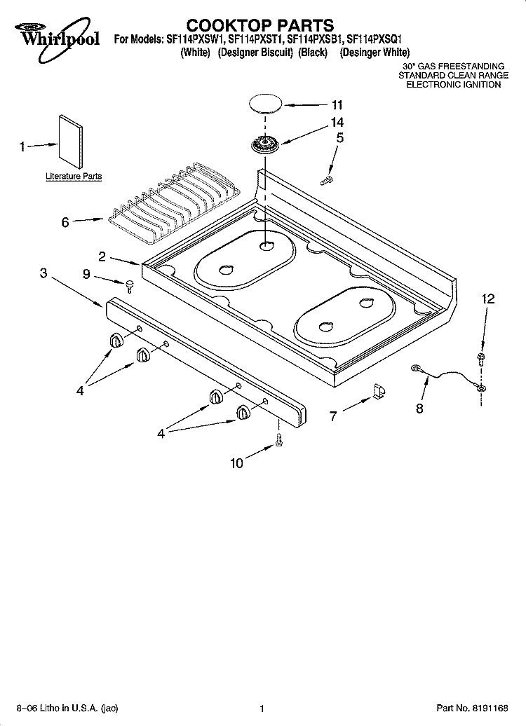 COOKTOP PARTS Diagram and Parts List for  Whirlpool Range