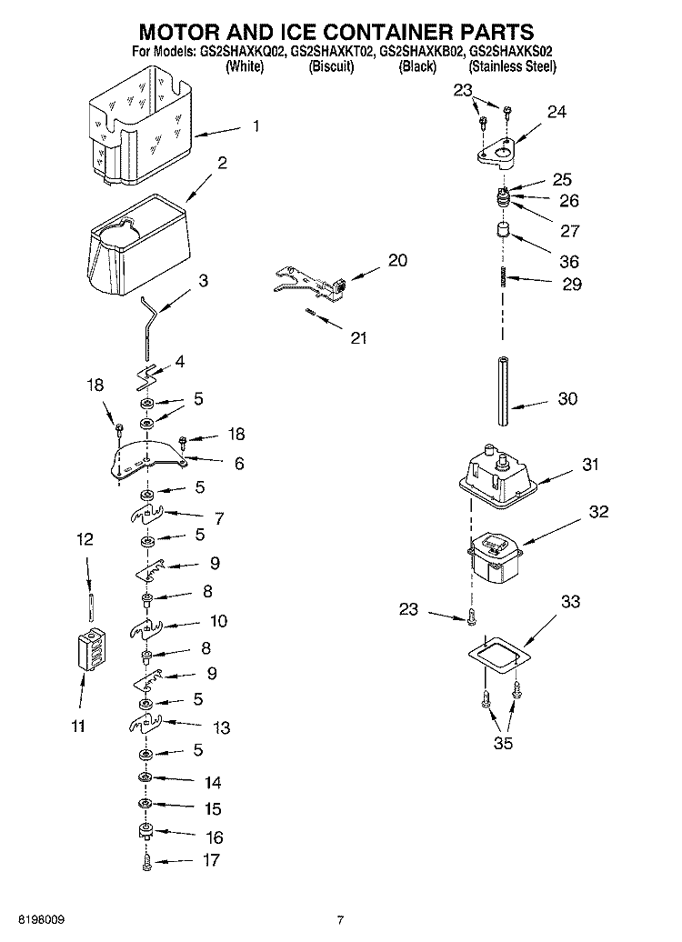 MOTOR AND ICE CONTAINER PARTS Diagram and Parts List for GS2SHAXKS02  Whirlpool Refrigerator